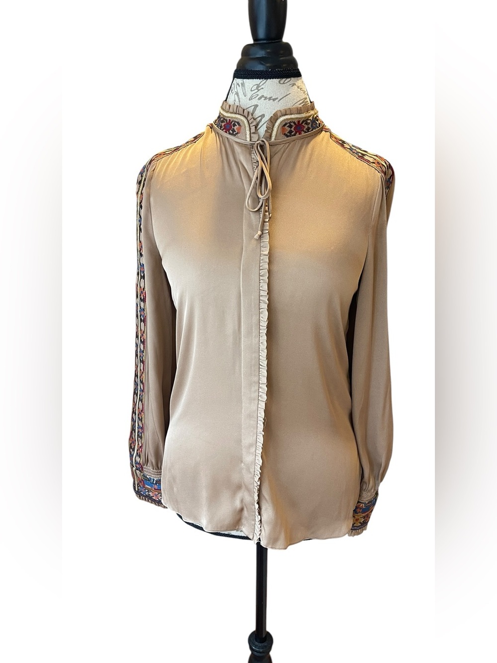 Kobi Halperin Beige Embroidered Tie-Neck Blouse